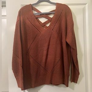 Drop Shoulder Eyelet Criss Cross Knit Sweater